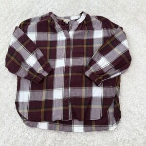 Cremieux Shirt Women's XS Plaid Flannel Shirt 3/4 Sleeve Button Burgundy Preppy